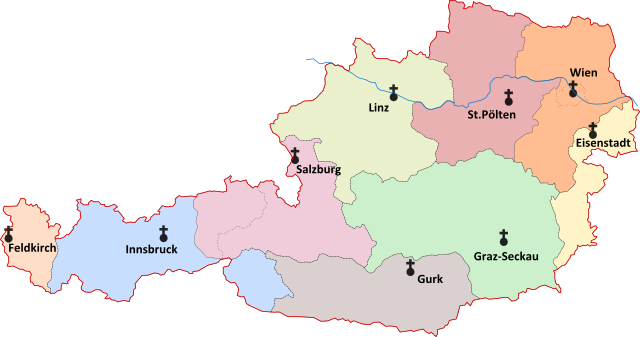 Karte der neun Di&ouml;zesanverb&auml;nde in &Ouml;sterreich